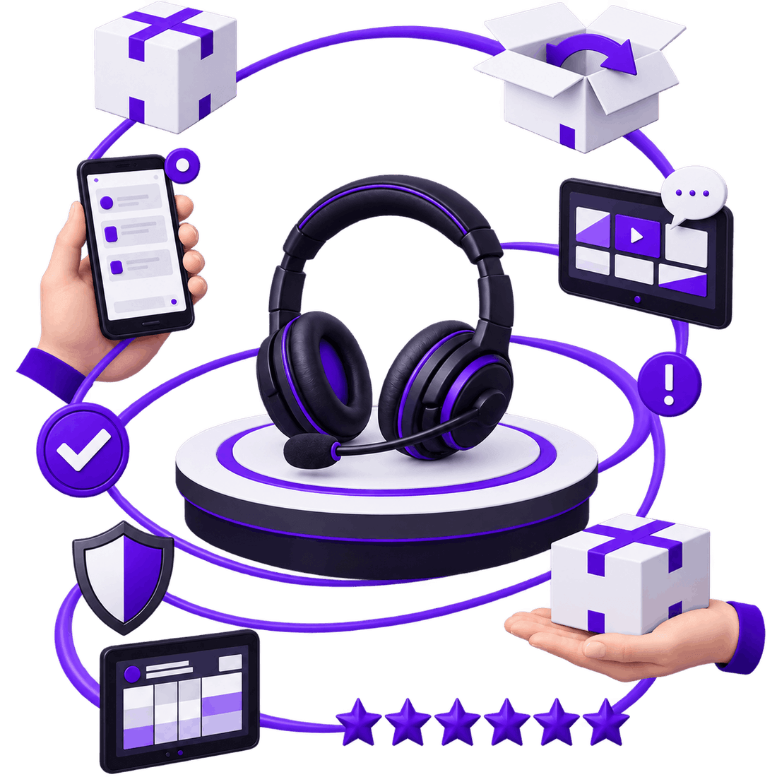 Illustration of support and returns handled together: a headset on a platform ringed by message threads on a phone and tablet, a return being opened, a parcel handed back, a resolved mark and a five-star rating.