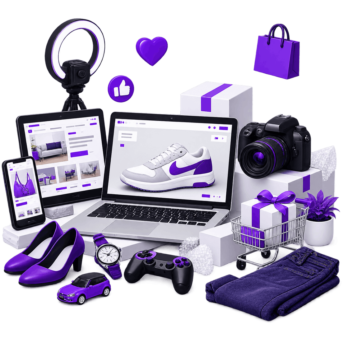 Illustration of a product range under assessment: listings open on a laptop, tablet and phone, surrounded by shoes, clothing, a watch, a games controller, a camera and packed cartons.