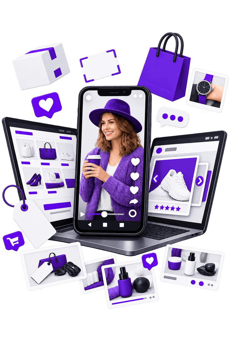 Illustration of one range presented across channels: a storefront grid on a tablet, a short-form video post on a phone with likes and comments, a product page with ratings on a laptop, and campaign photographs, a price tag, a parcel and a shopping bag around them.