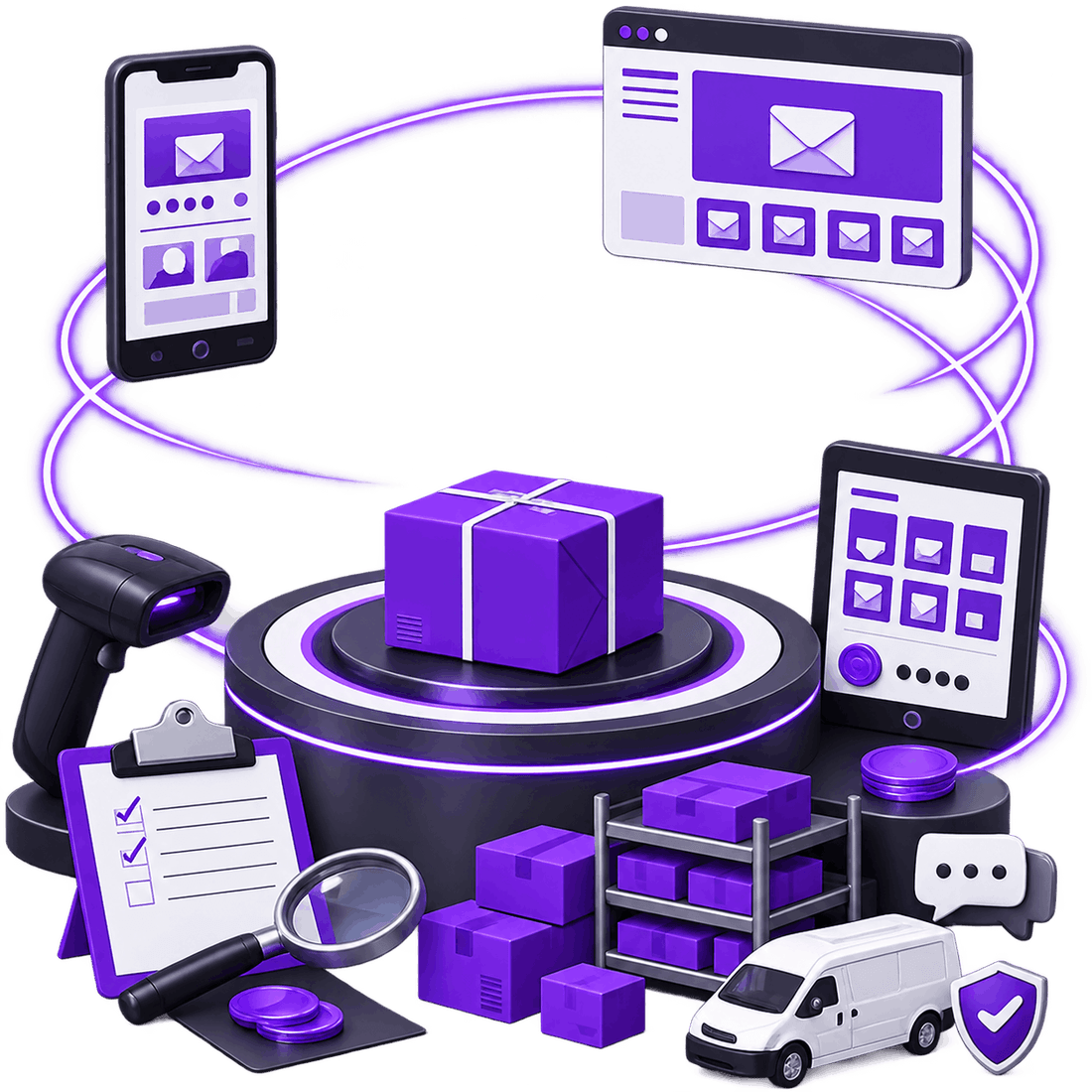 Illustration of a supply chain in motion: a parcel on a platform linked to supplier screens, with a barcode scanner, an approval checklist, stocked shelves, a delivery van and a verified shield around it.
