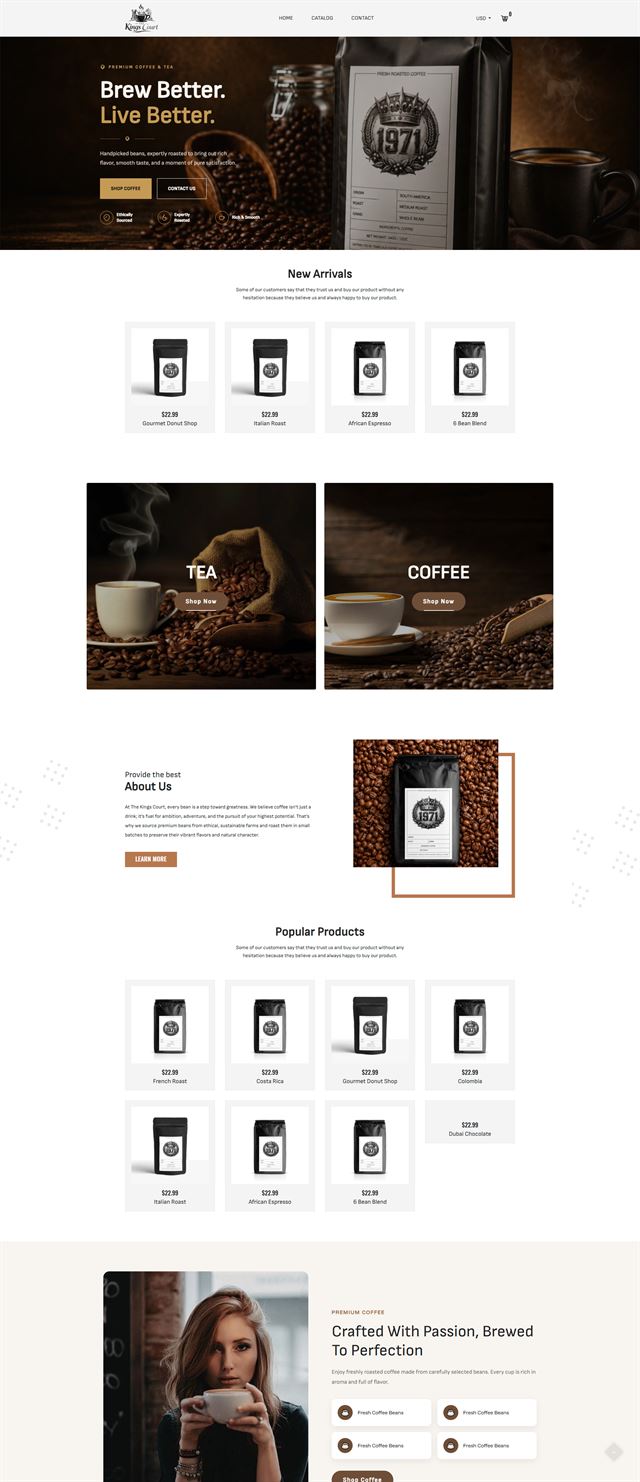 Full-page storefront for a coffee and tea brand: a dark roastery hero, a new-arrivals row of bagged coffee, tea and coffee category tiles and an about section.