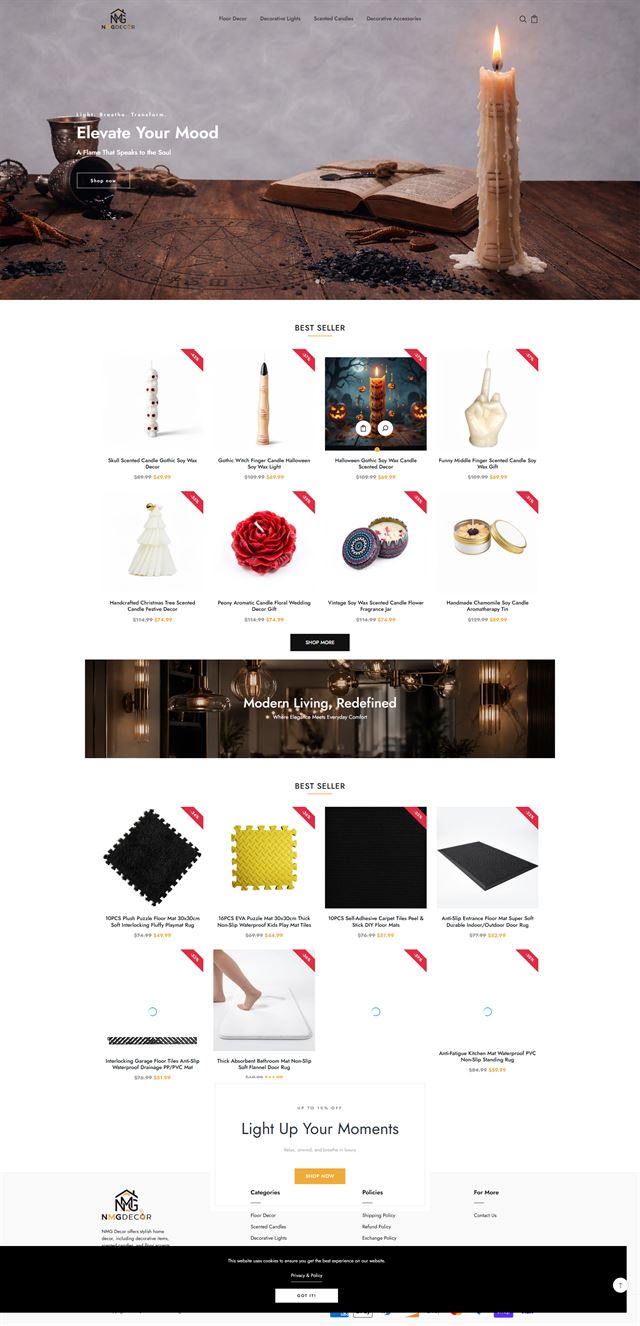 Full-page storefront for a home decor brand: a candlelit hero, best-seller grids of decorative candles and floor mats with sale badges, and a promotional banner.