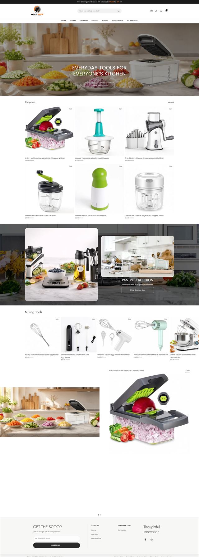 Full-page storefront for a kitchen tools brand: a hero of prepared vegetables, a choppers collection grid, a lifestyle band and a mixing tools row.