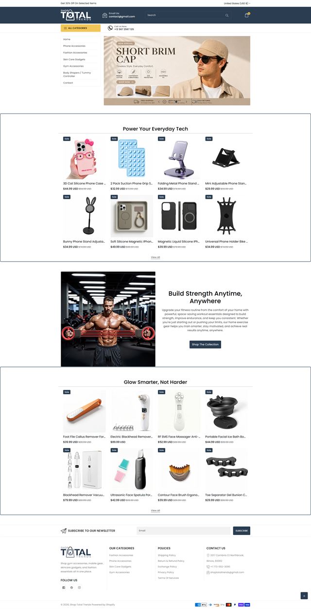 Full-page storefront for a general goods shop: a sidebar of categories beside a headwear hero, then phone accessories, fitness and personal care grids.