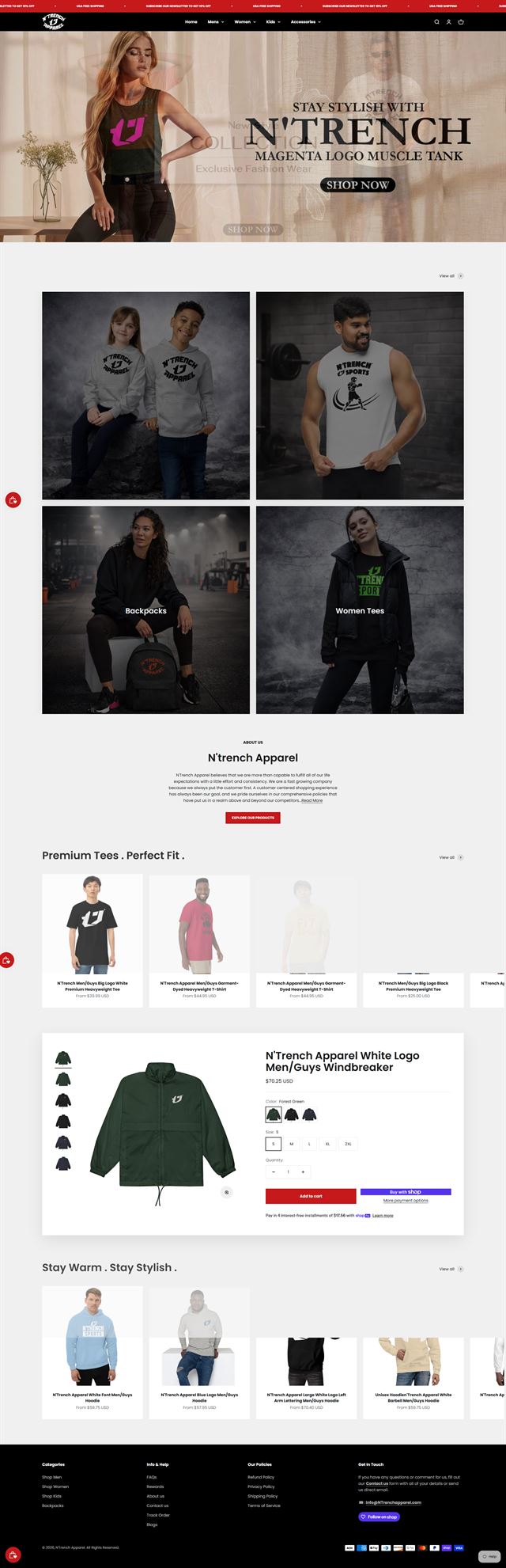 Full-page storefront for an apparel brand: a campaign hero, four category photographs, a premium tees row and a product page block for a windbreaker.