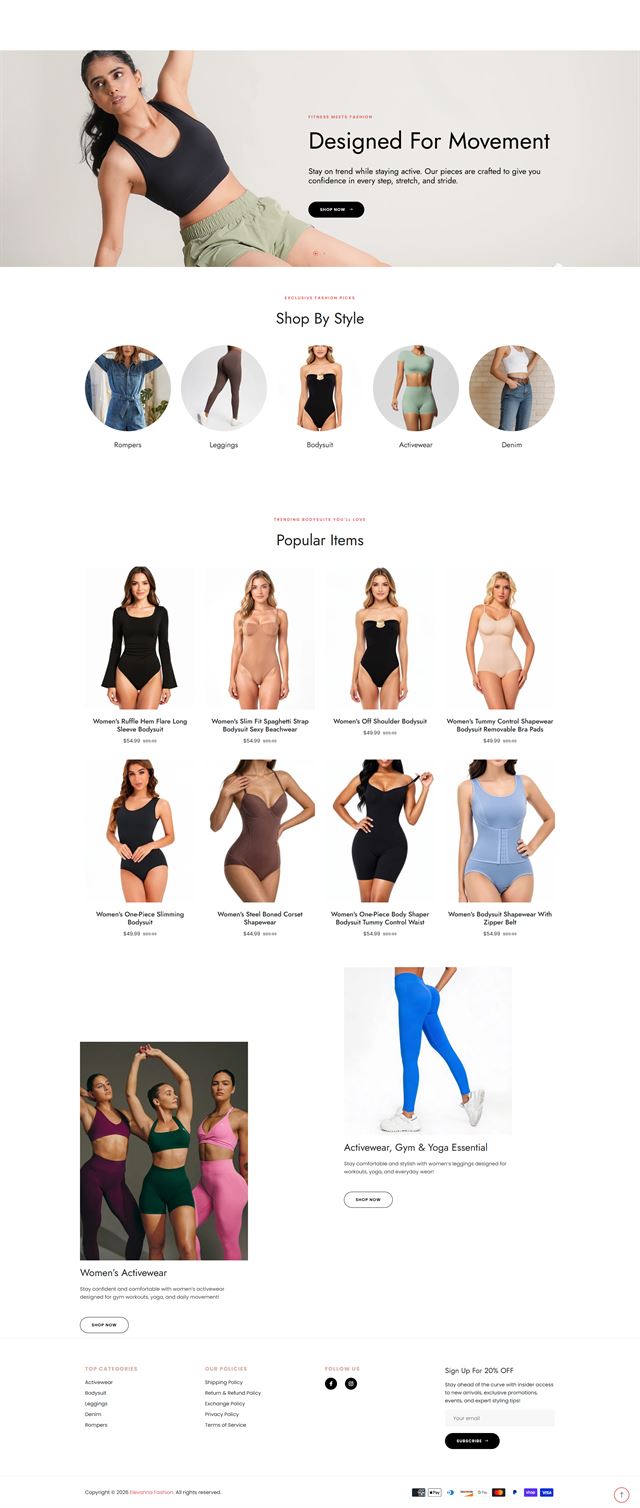 Full-page storefront for a womenswear brand: a movement-led hero, a shop-by-style circle row, a popular items grid and two activewear feature blocks.