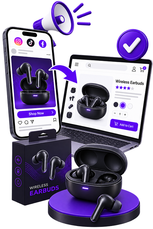 Illustration of an ad and the page it leads to telling the same story: a megaphone over a phone showing a social post for a pair of earbuds, an arrow carrying the same product through to the product page on a laptop, and the boxed product in front.