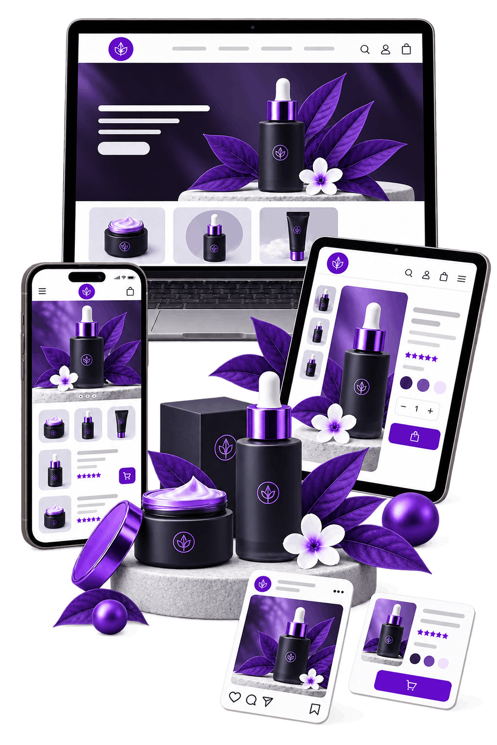 Illustration of one skincare range holding its look across every format: a laptop storefront, a phone listing, a tablet product page, a social post and a review card, with the products in front of them.