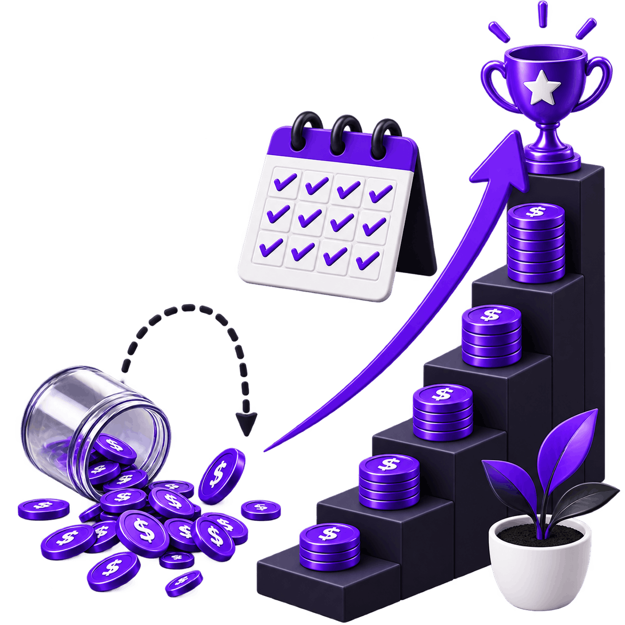 Illustration of small regular effort adding up: coins tipped from a jar onto rising steps of stacked coins that lead to a trophy, with a fully ticked calendar behind them.