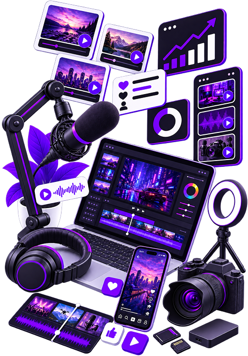 Illustration of a content shoot planned around its destination: a camera on a tripod with a studio light and clapperboard, a laptop showing the edit timeline, and a map with a location pin beside a packed case and stills camera.