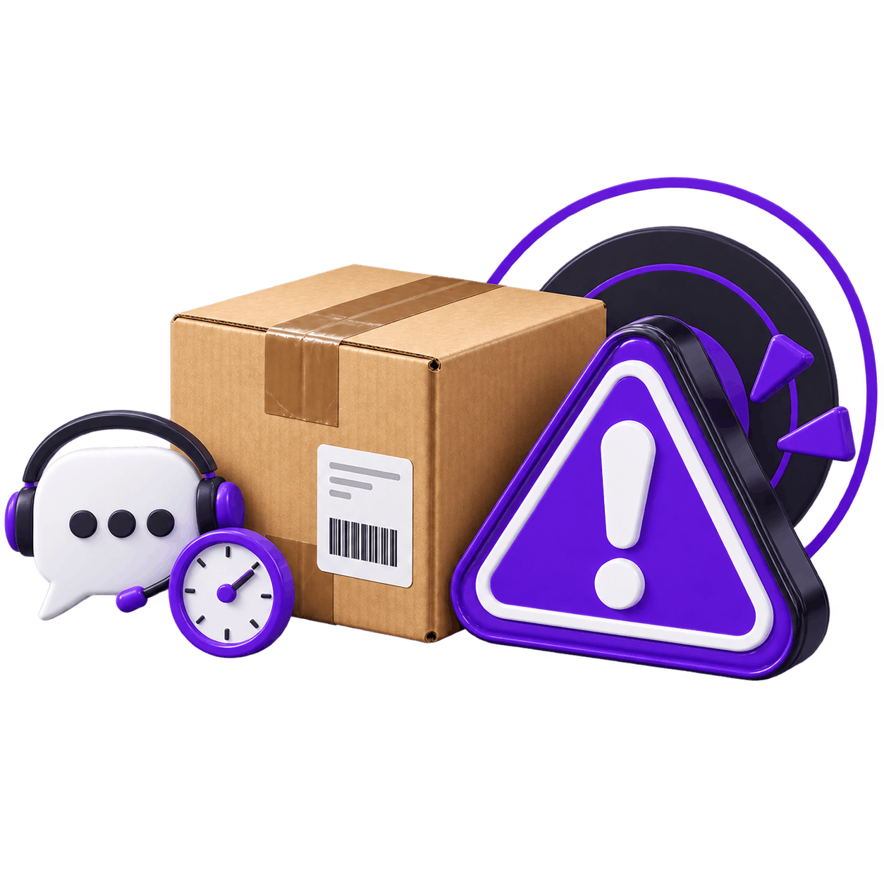 Illustration of a delivery box beside a red warning triangle sounding an alert, with a support headset, a chat bubble and a clock in front of it.