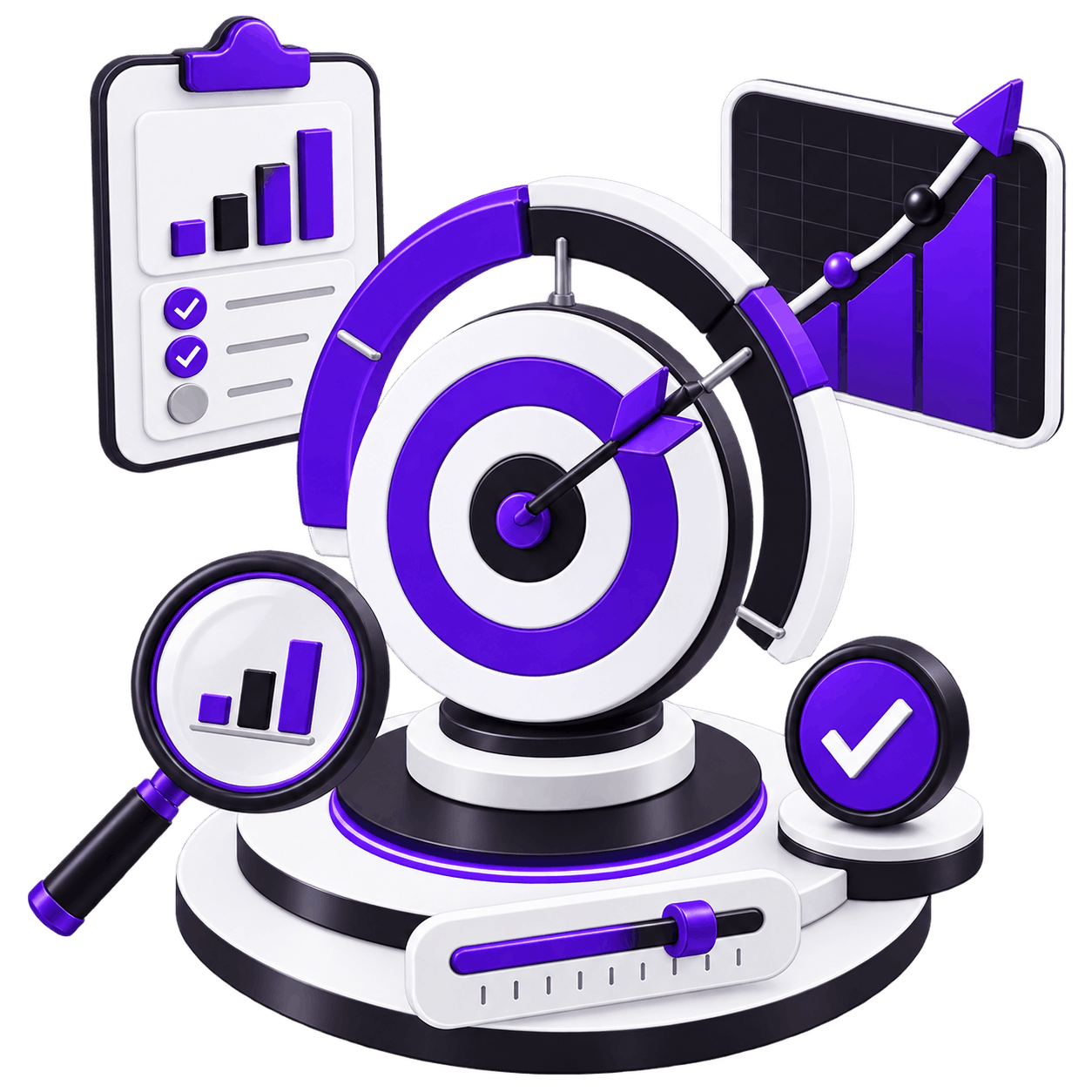 Illustration of an agreed target: an arrow in the centre of a target on a plinth ringed by a progress dial, with a clipboard of charts, a magnifier over a bar chart, a slider and a green tick around it.