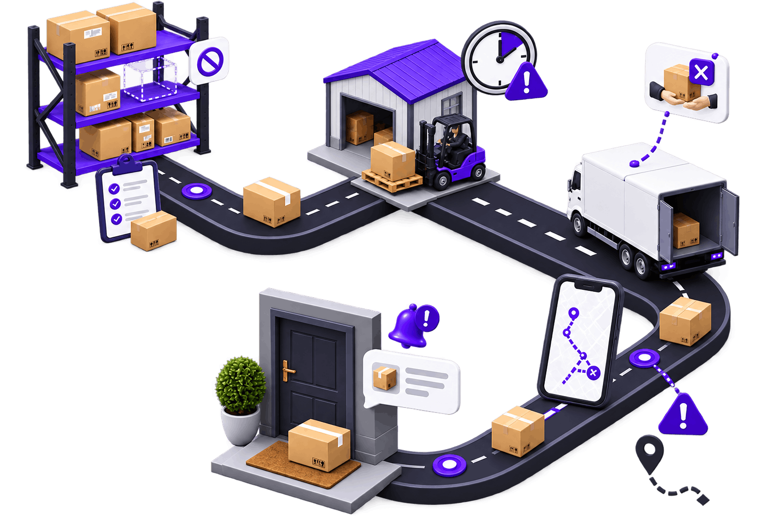 Illustration of one order route from stocked shelves through a warehouse and a delivery van to a doorstep, with a warning at each place it can fail: an unavailable item, a missed dispatch window, a refused hand-off and a failed delivery route.