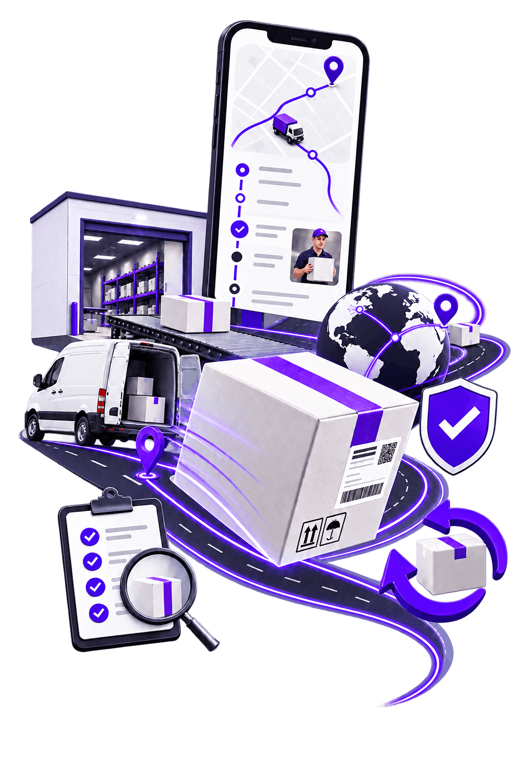 Illustration of the delivery route end to end: a warehouse loading bay feeding a conveyor of parcels, a van being loaded, a phone showing a live tracking map with the courier, a globe with route lines, and a labelled parcel travelling a road past a checklist, a shield with a tick and a return arrow looping back to a smaller box.