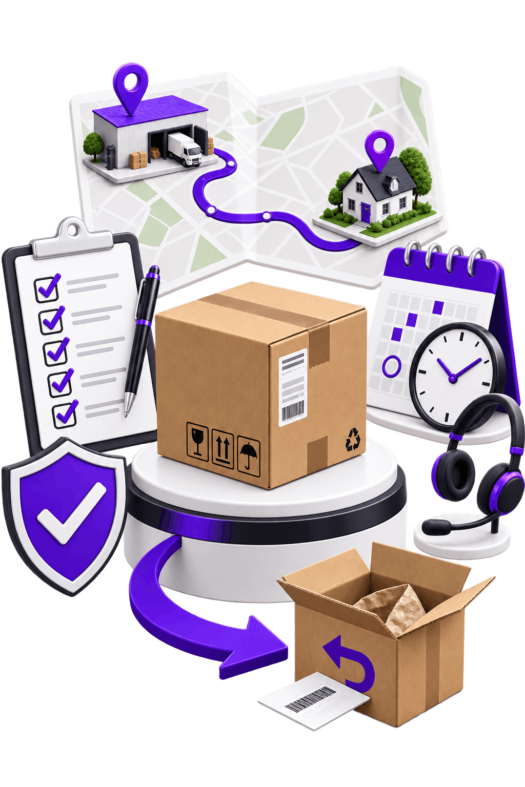 Illustration of the agreed round trip: a map with a marked route from a warehouse to a home address, a completed checklist, a sealed parcel on a plinth beside a calendar and clock, a support headset, a shield with a tick, and an arrow curving round to an opened return box with its label.