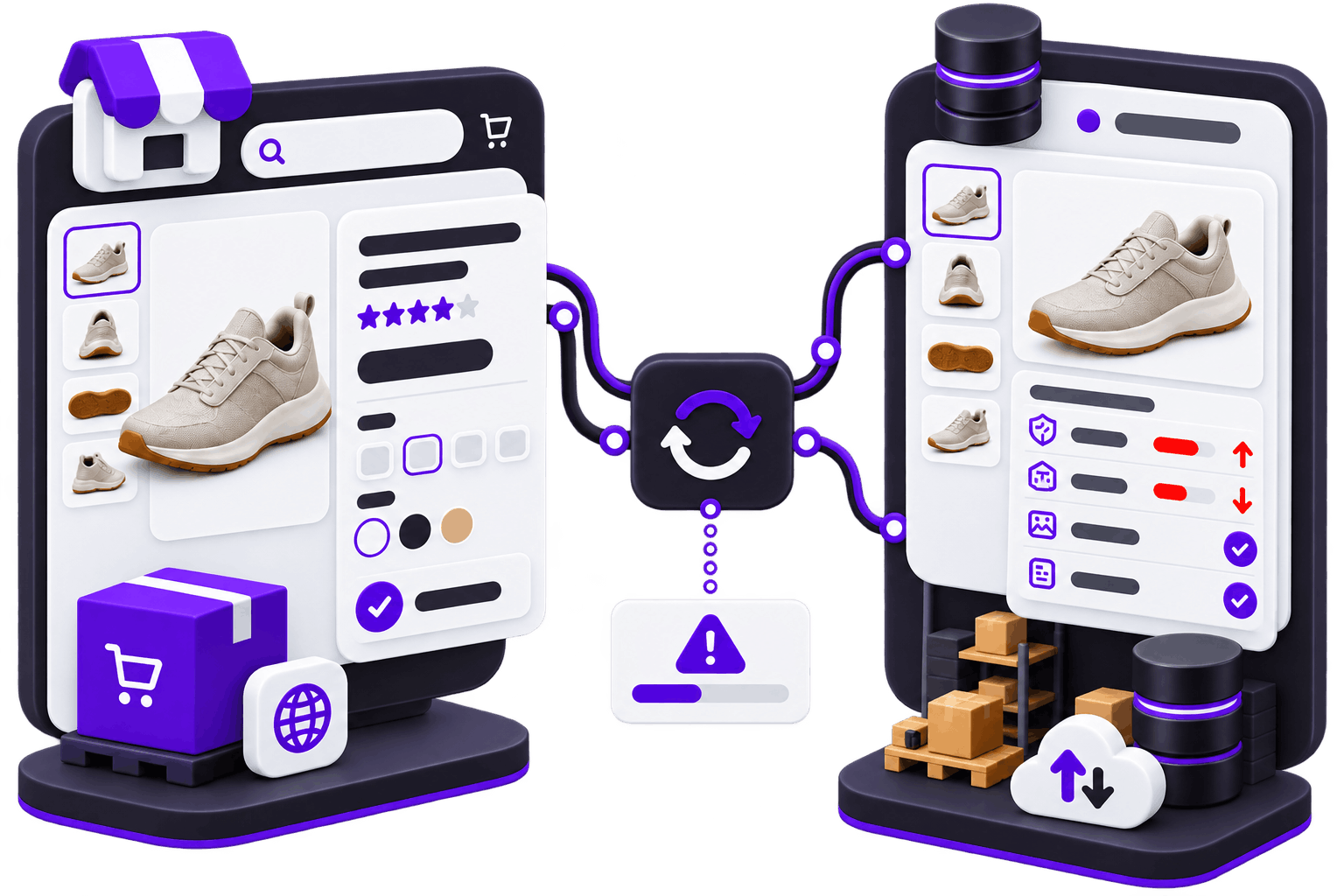 Illustration of a listing and the supplier record behind it side by side, joined by a sync icon that raises an alert where the two disagree, with stock pallets and a product database beneath them.