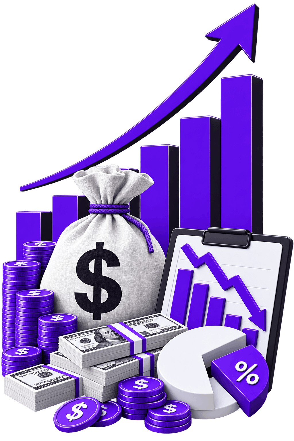 Illustration of revenue and margin moving in opposite directions: a rising arrow over a climbing bar chart with a money bag, coin stacks and banknotes in front, beside a clipboard whose line is falling across its own bars, and a pie chart with a percentage segment pulled out.