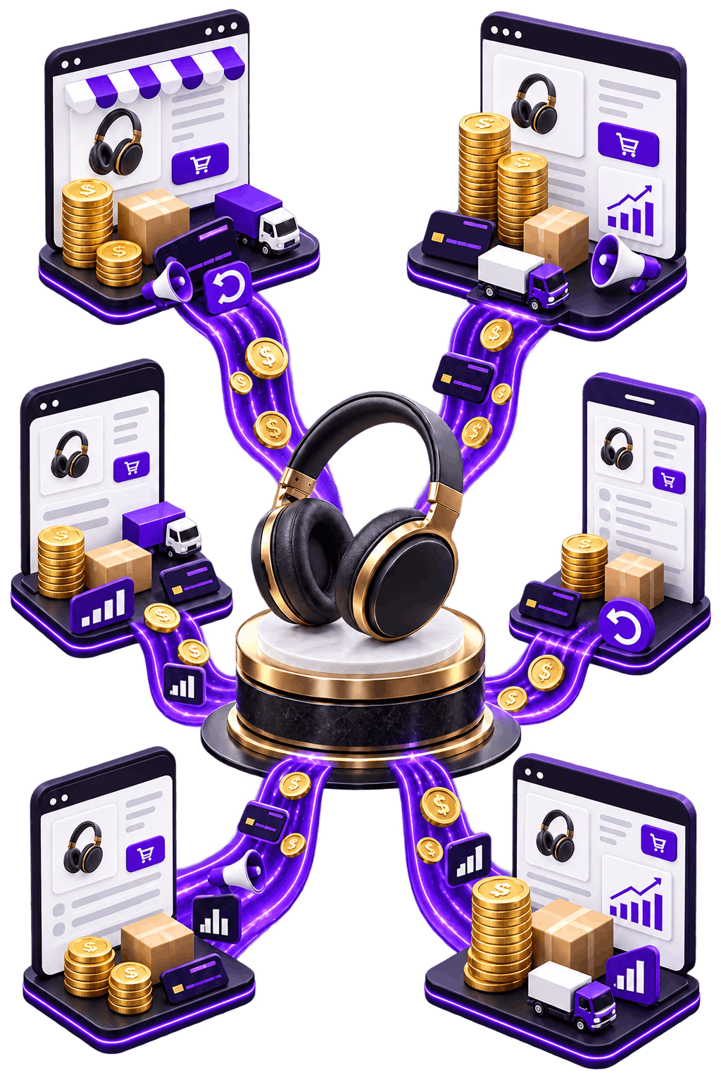 Illustration of one product sold across six channels: a single pair of headphones on a plinth, with glowing routes running out to marketplace, storefront and mobile listings of the same product, each carrying its own mix of coins, card fees, delivery, advertising and returns.