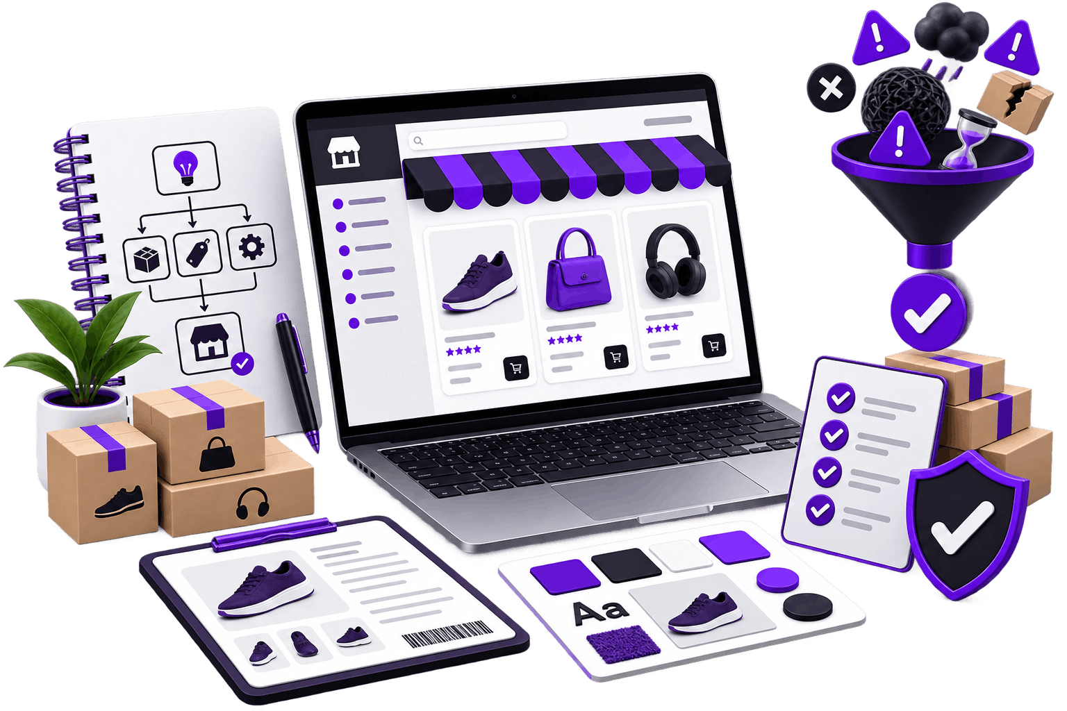 Illustration of the decisions settled before a build: a laptop storefront beside a notebook mapping the store structure, a listing sheet, a brand colour and type board, packed products, and a funnel turning a pile of warnings into one approved standard.