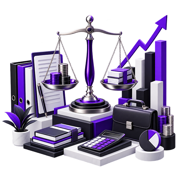 Illustration of scales of justice balancing stacked coins against ledgers, with box files, a calculator, a briefcase and a rising bar chart around them.