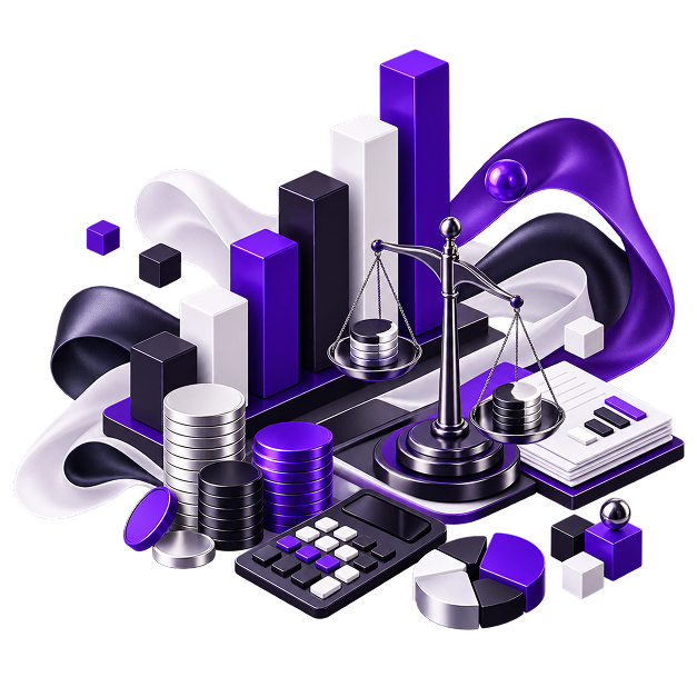 Illustration of a bar chart, coin stacks, a calculator and a pie chart arranged around a set of balance scales.