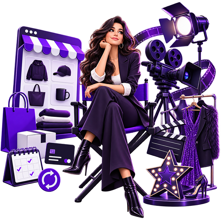 Illustration of an actor seated in a director’s chair beside a film camera, studio light and clapperboard, with a merchandise shopfront, folded stock, packing boxes, a calendar and a wardrobe rail around them.