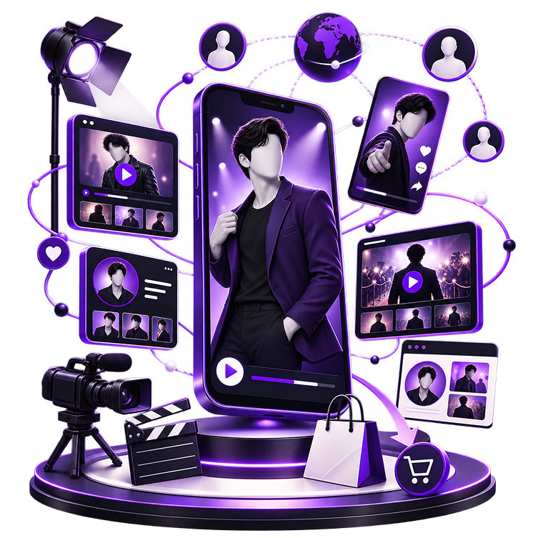 Illustration of an actor on a phone screen on a plinth, ringed by video players, follower avatars and a globe, with a film camera, clapperboard, studio light and shopping bag below.