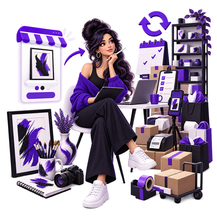 Illustration of an artist working at a laptop and tablet among framed paintings, a mobile shop listing, a stocked shelf of ceramics, a calendar, a checklist, a label printer, packing boxes and a parcel trolley.