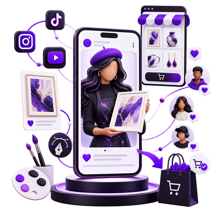 Illustration of an artist holding a framed painting on a phone screen, with a mobile shop grid of prints, mugs and jewellery, social platform icons, follower avatars, a paint palette and brushes and a shopping bag.