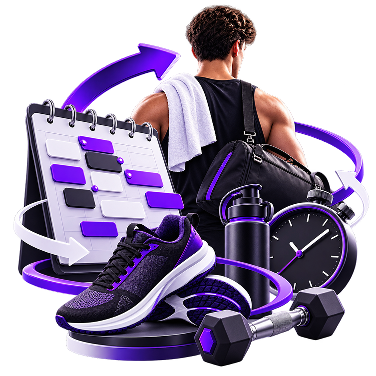 Illustration of an athlete with a towel and kit bag facing away, ringed by arrows, with a training schedule board, a running shoe, a water bottle, a stopwatch and a dumbbell in front.