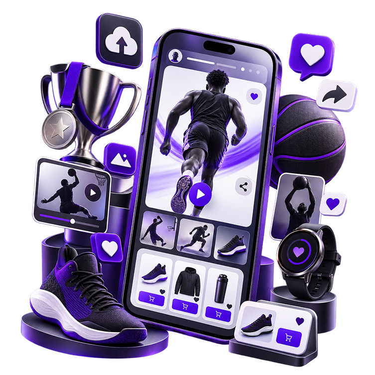 Illustration of a phone showing an athlete’s feed and merchandise grid, surrounded by a trophy and medal, a basketball, trainers, a smartwatch, highlight clips and share and upload icons.