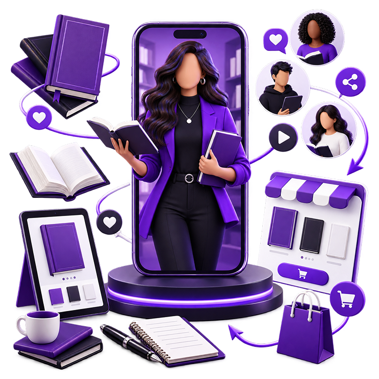 Illustration of an author stepping out of a phone screen holding an open book, surrounded by stacked and open books, an e-reader, a mobile bookstore listing, reader avatars, a notepad and pen and a shopping bag.