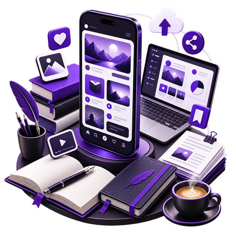 Illustration of a phone showing a book feed beside a laptop dashboard, with stacked books, a quill and pen pot, an open notebook, a journal, printed pages, a bookmark, a cloud upload icon and a coffee cup.