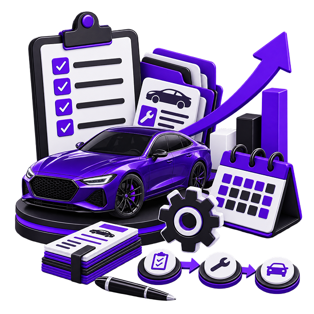Illustration of a car on a plinth in front of a checklist clipboard, service record cards, a rising bar chart, a calendar, a gear and a booking-to-repair step sequence.