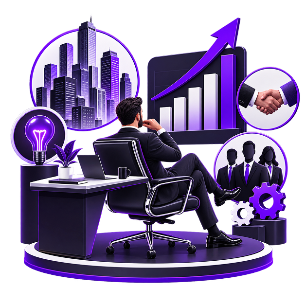 Illustration of a business owner at a desk on a raised plinth, ringed by panels showing a city skyline, a handshake, a team and a rising bar chart.