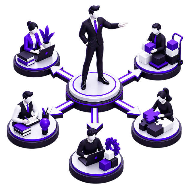 Illustration of an owner on a central plinth with arrows out to five people handling admin, stock, paperwork, planning and support.