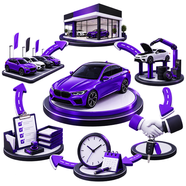 Illustration of a car on a plinth at the centre of a cycle running through a showroom, a workshop ramp, keys changing hands, a clock and calendar, and a stack of paperwork and checklists.