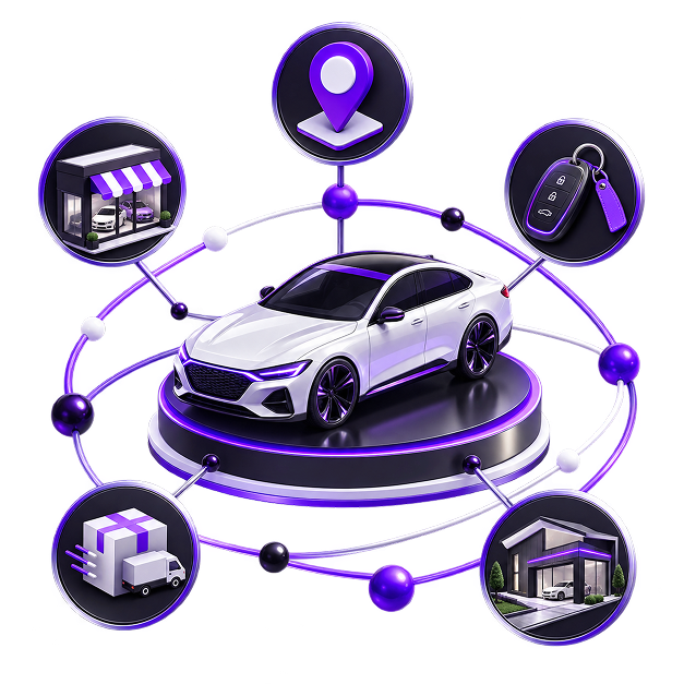 Illustration of a car on a plinth ringed by orbiting icons for a dealership shopfront, a location pin, a key fob, a delivery van and a modern showroom.
