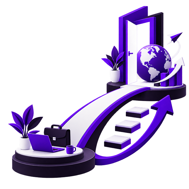 Illustration of a desk with a laptop and briefcase at the foot of a rising path that climbs past steps to an open door, a globe and a growth chart.