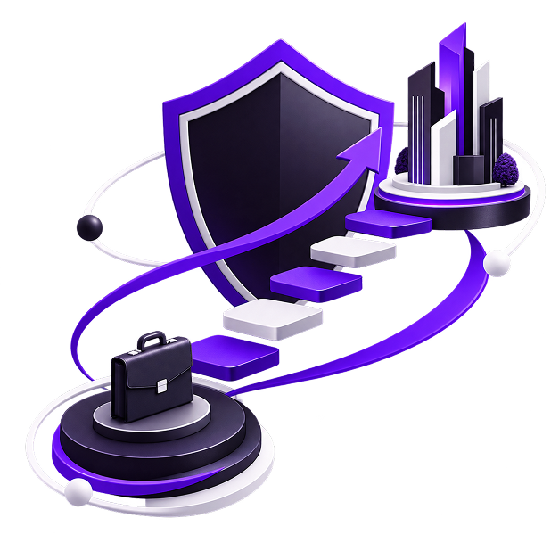 Illustration of a briefcase on a plinth with a rising arrow climbing past a shield and steps toward a city skyline.