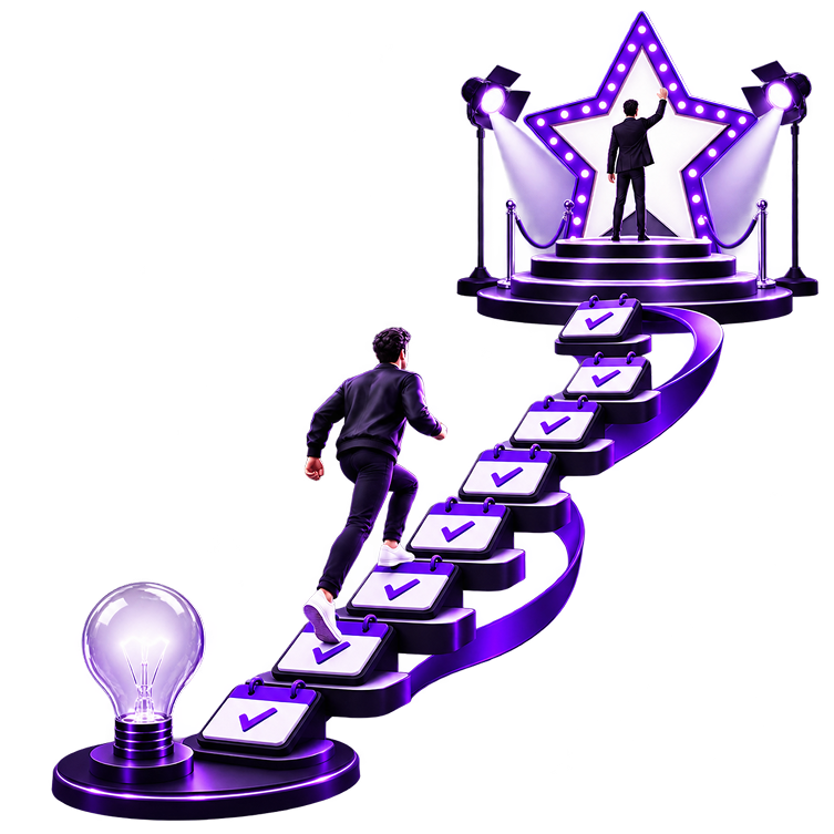 Illustration of a figure climbing a winding staircase of checklist steps from an idea lightbulb up to a lit star stage with spotlights and a rope line.