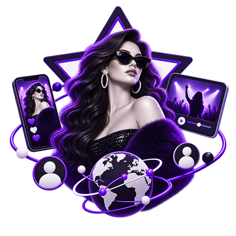 Illustration of a public figure in front of a large star, with a phone and tablet showing their posts and concert footage, follower avatars and a connected globe.