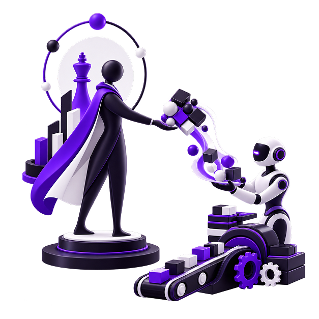Illustration of a figure on a plinth handing work across to a robot at a conveyor, with a chess piece and a bar chart behind them.