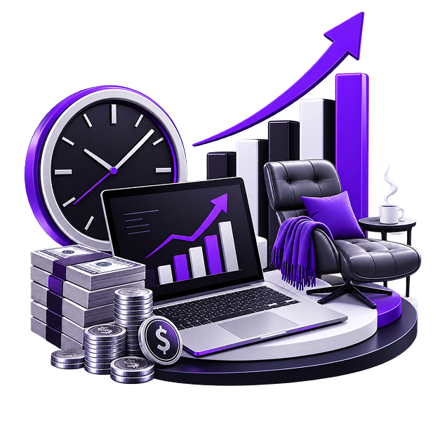 Illustration of a laptop showing a rising chart beside a clock, banknotes, coin stacks and an empty armchair.