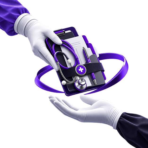 Illustration of one gloved hand passing a clipboard, stethoscope and pen to another gloved hand, encircled by a ribbon.
