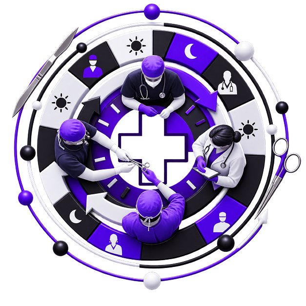 Illustration of four clinicians working around a central medical cross inside a day-and-night dial ringed by surgical instruments.