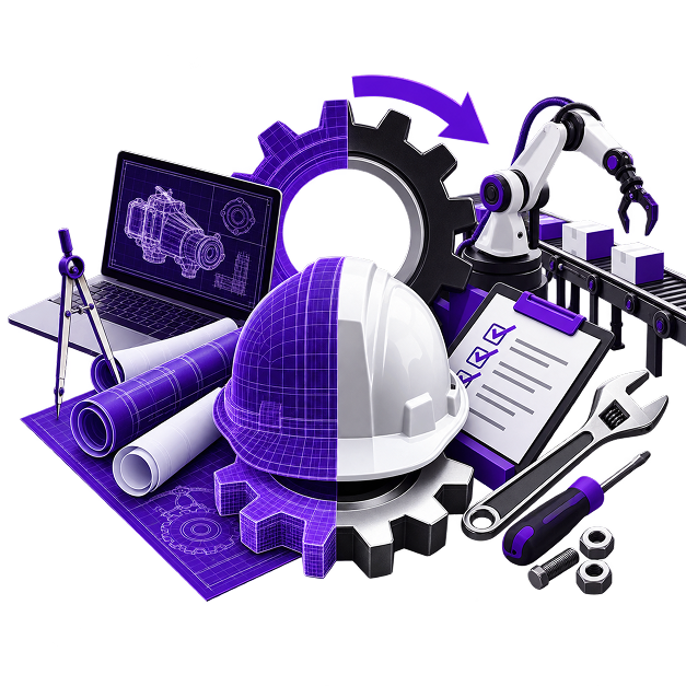 Illustration of a hard hat and gears surrounded by a laptop showing a CAD drawing, rolled blueprints, drawing dividers, a robotic arm on a conveyor, a checklist, a wrench and bolts.