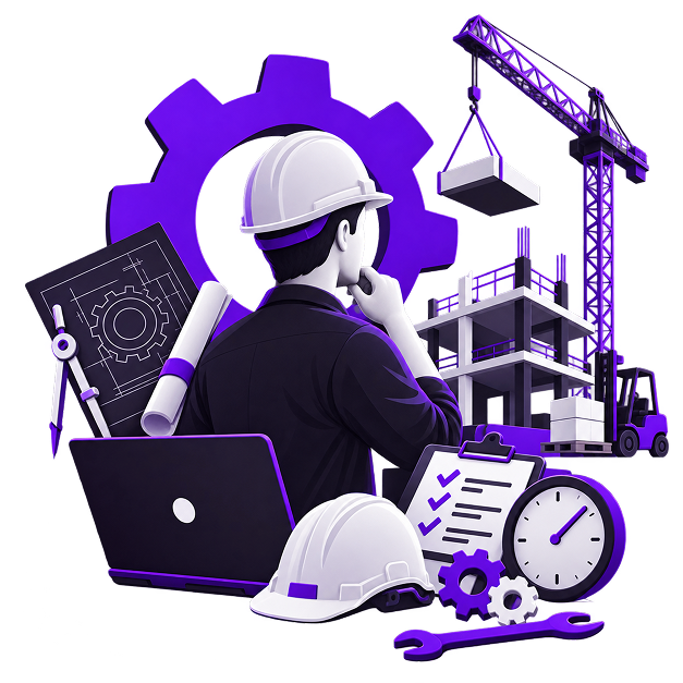 Illustration of an engineer in a hard hat working at a laptop, with a gear, rolled blueprints, a tower crane over a building under construction, a checklist and a clock around them.