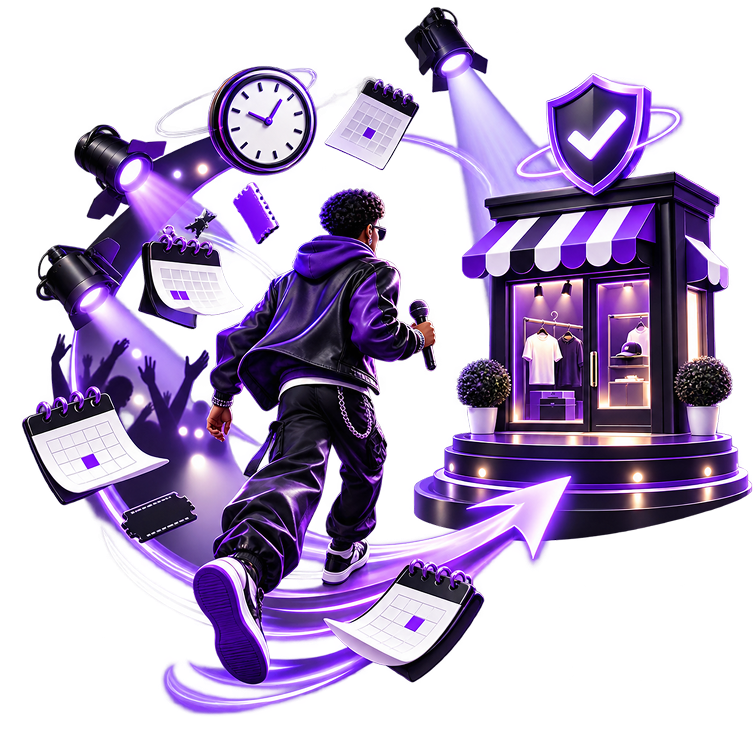 Illustration of a performer with a microphone running from a spotlit stage and a crowd towards a lit merchandise shopfront, with a clock, tour calendars, tickets and a verified shield around them.