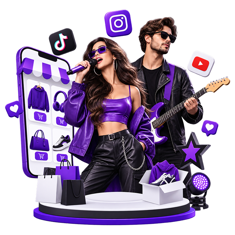 Illustration of two performers, one singing and one with a guitar, in front of a phone showing a merchandise shop of hoodies, headphones, bags and trainers, with social platform icons and shopping bags.